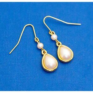 Vintage White Faux Pearl Victorian Gold Tone Dangle Earrings by Monet D9